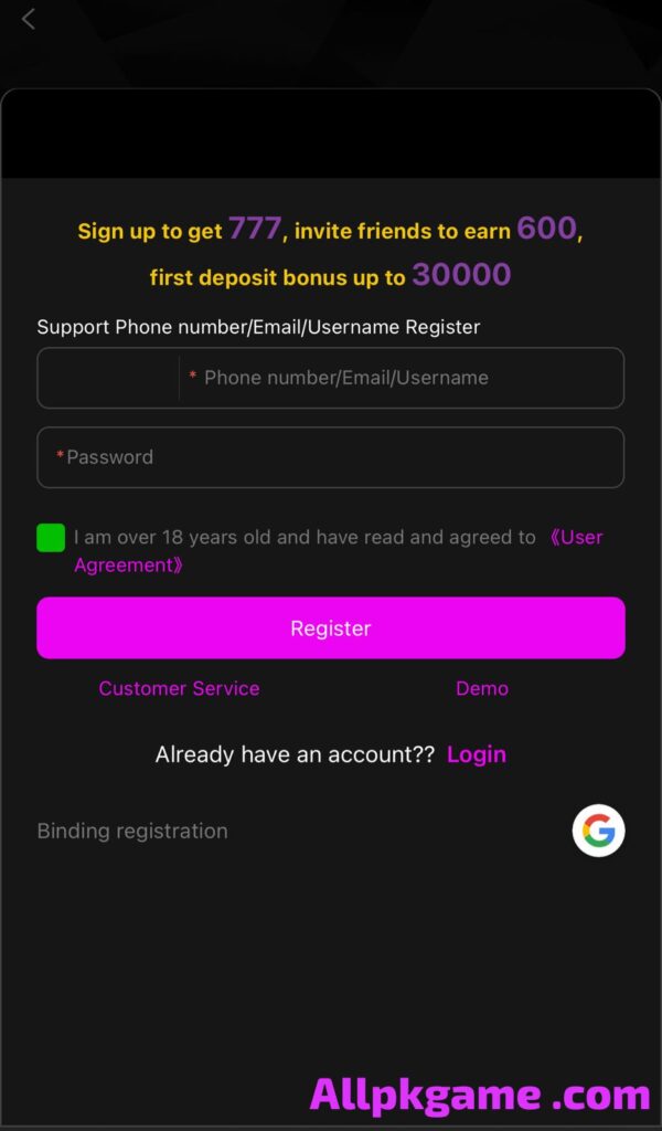 K99 Game register & login