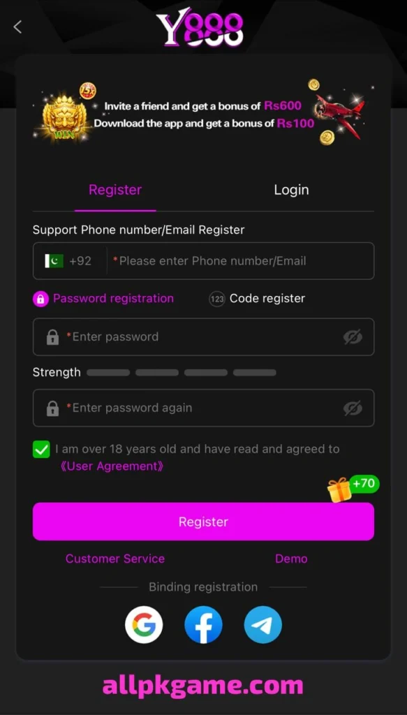 Y888 Game Register & login