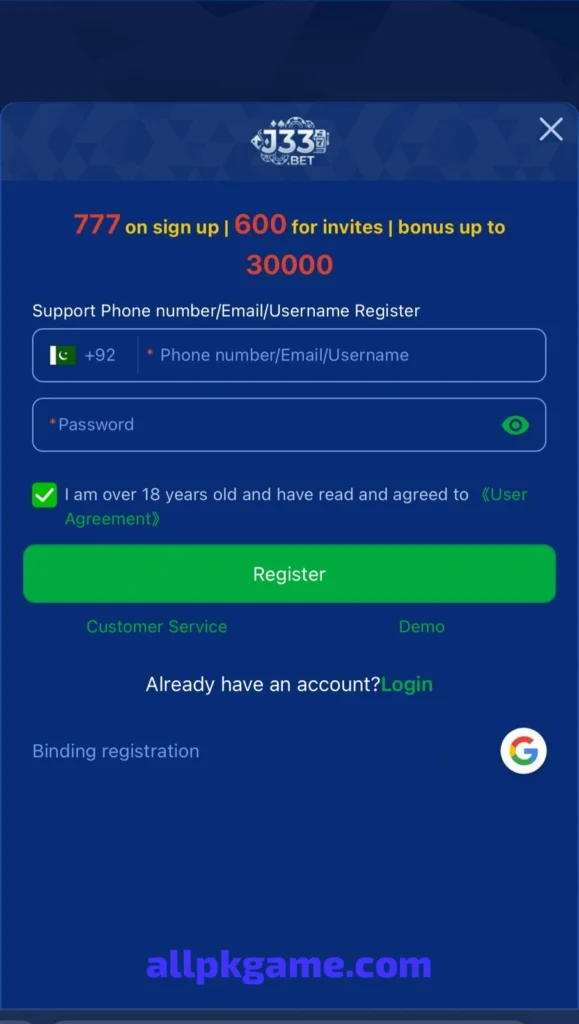 J33 Bet Game Register & Login