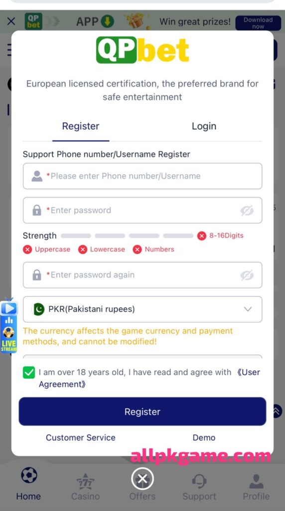 QP Bet Game Register & Login