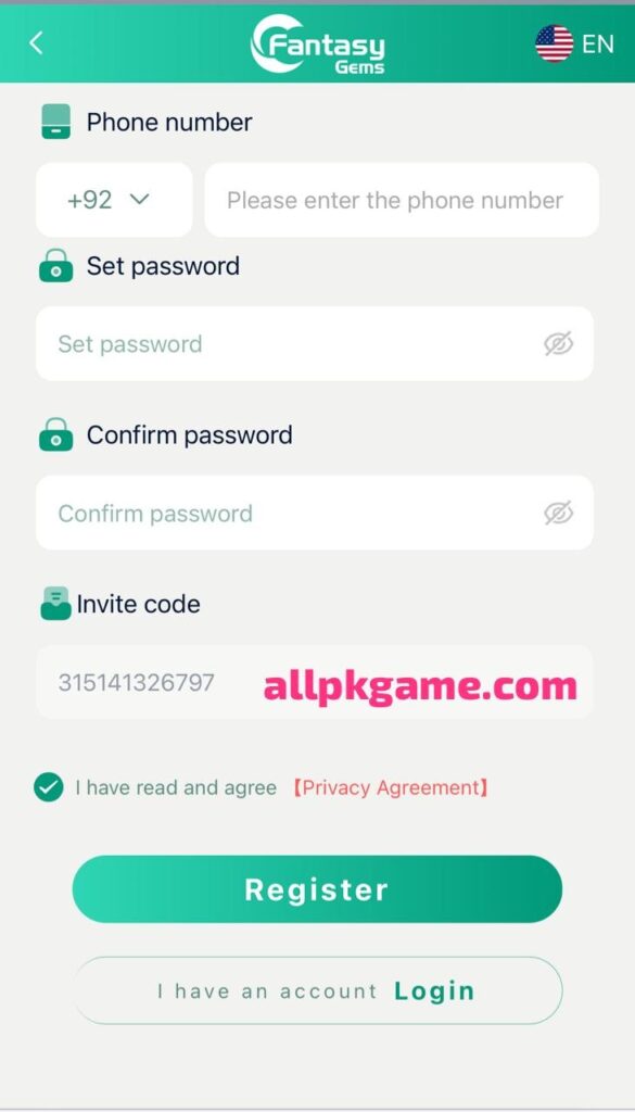 Fantasy Gems Game Register & Login