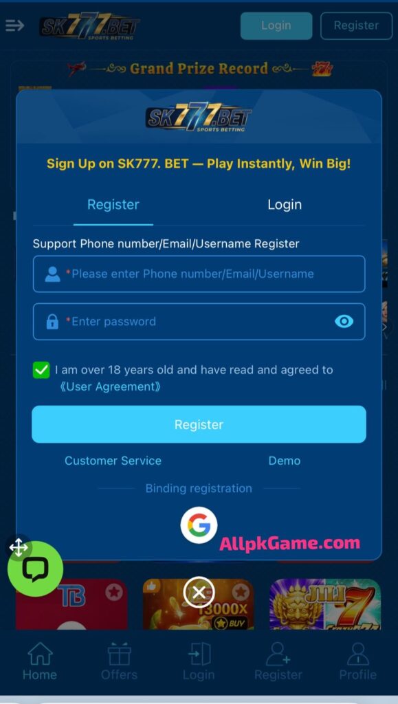 SK777 Bet Game Register & Login