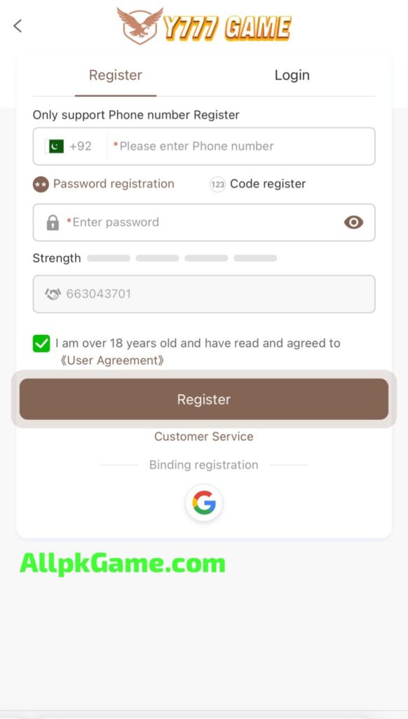 Y777 Game Register & Login