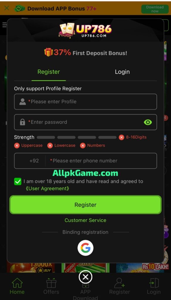 UP786 Game Register & Login