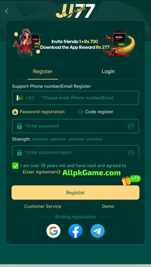 JJ77 Game Register & Login