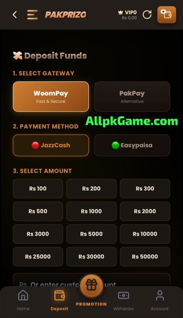 Pak Prizo Game Deposit