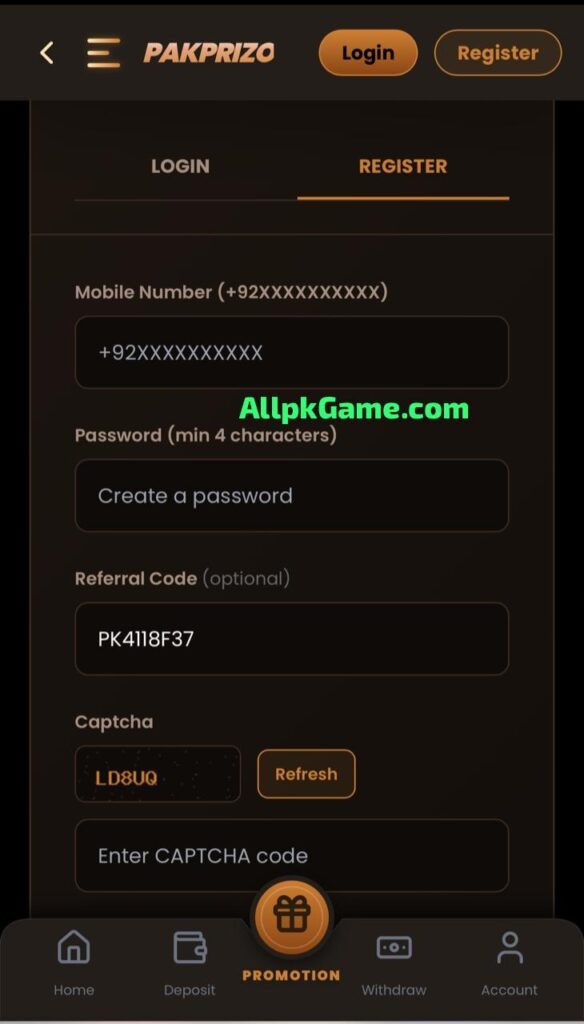 Pak Prizo Game Register & Login