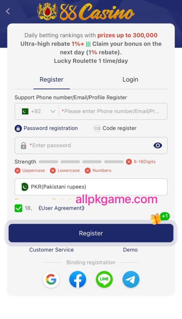 88 Casino register and login