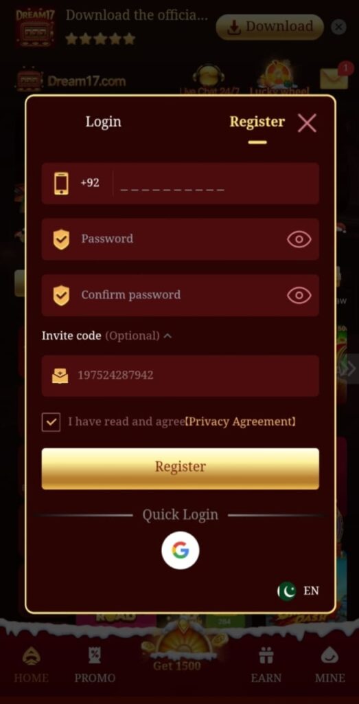 Dream17 Game register and login