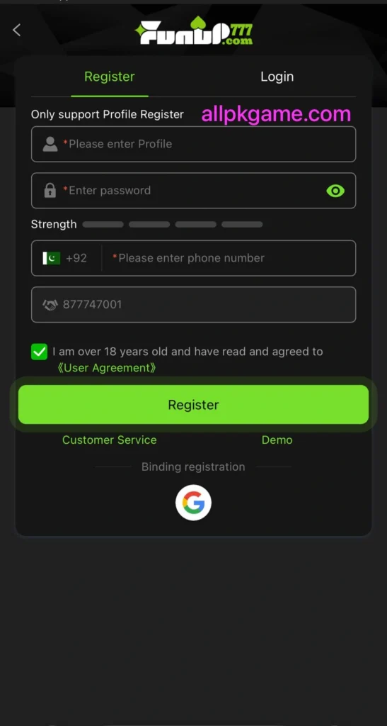 Funup777 Game register and withdrawl
