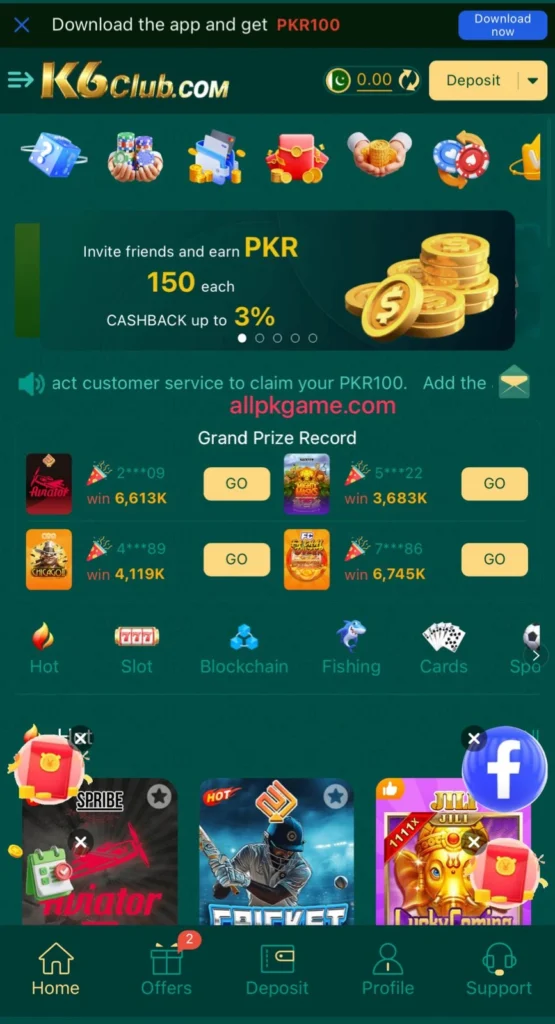 K6 Club Game interface Screenshot