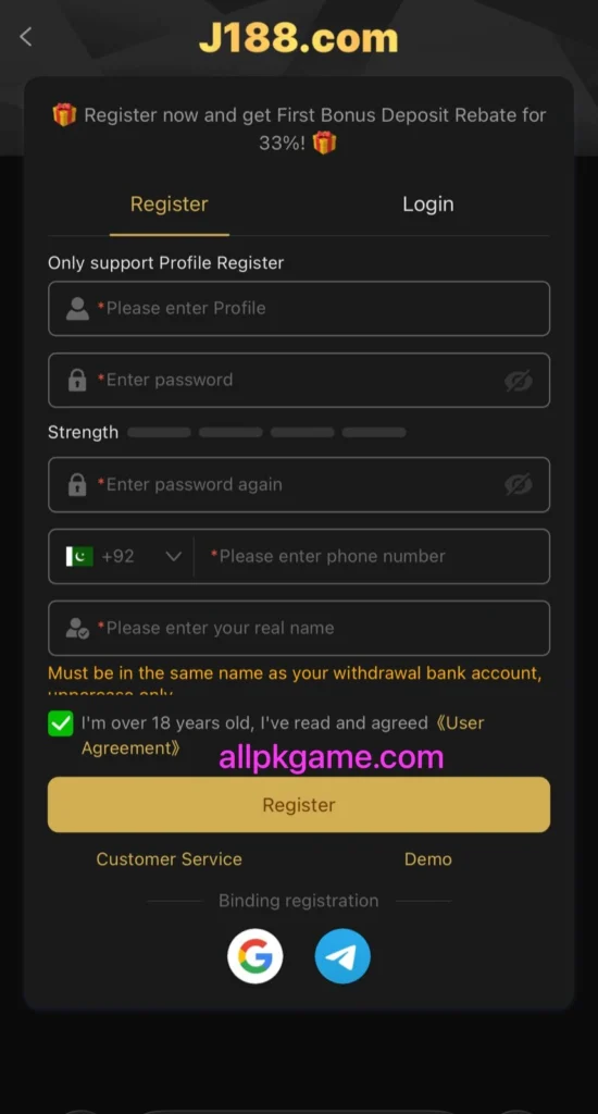 J188 Game Register & Login