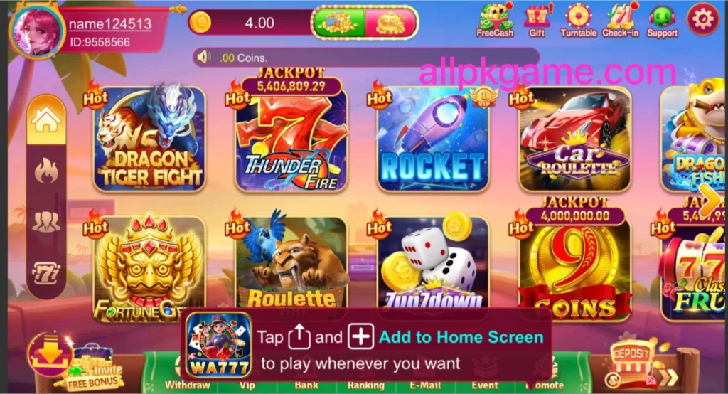WA777 Game Interface Screenshot