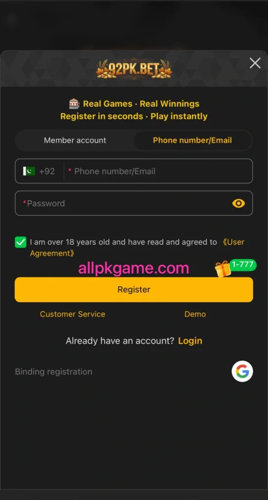 92PK. Bet Game Register