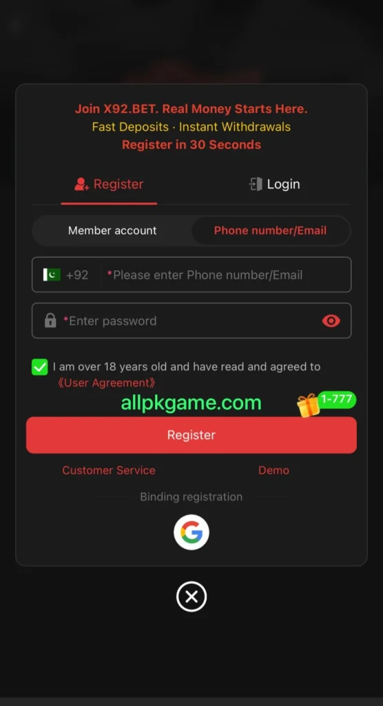 X92 Bet game Register