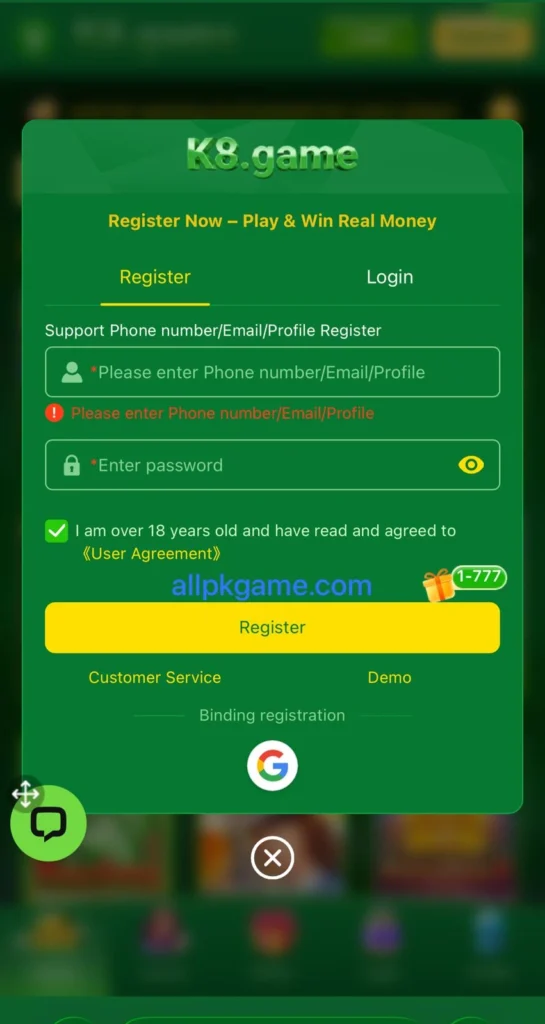 K8 Game Register & Login